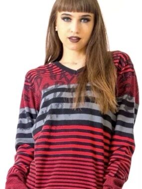 NWT Ed Hardy Red and Black Striped Wool Blend V-Neck Sweater Women’s Large
